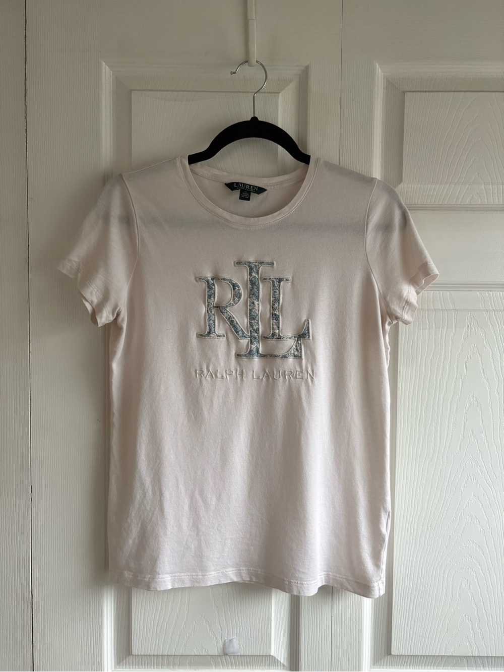 Lauren Ralph Lauren Pinkish White Blue Floral Logo Tee M Preppy Tennis Academia